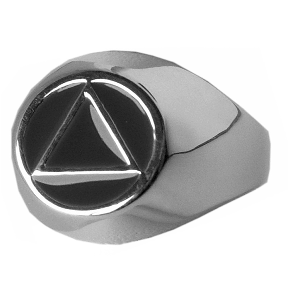 AA Alcoholics Anonymous, Classic Black Enamel Ring, #951 Sizes 5-15, Ster.