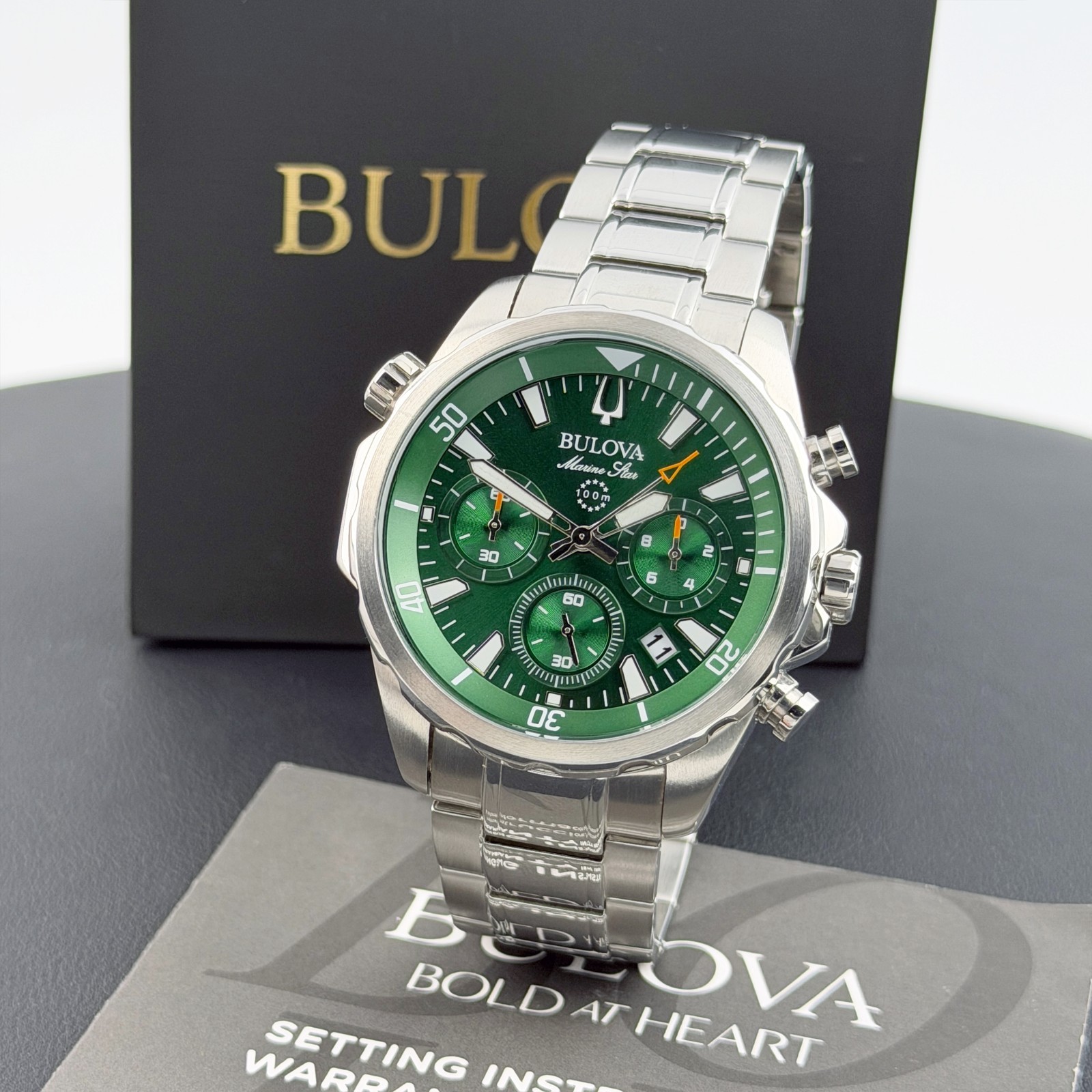 Men’s Bulova Marine Star Green Dial Chronograph 96B396 Quartz New Watch 43mm