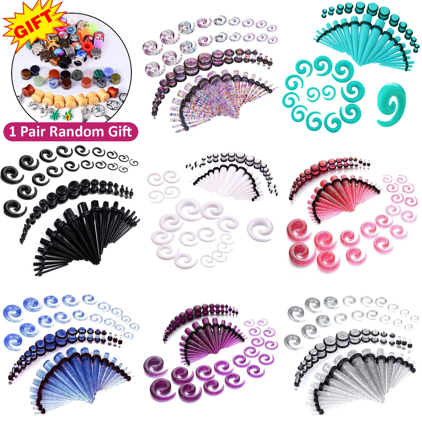 54PCS Ear Taper Stretching Gauges Kit 14G-00G Spiral Taper Plugs Body Piercing