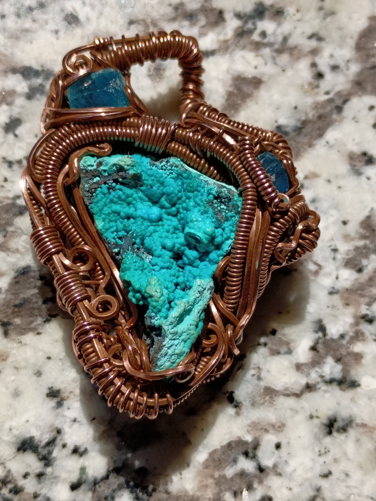 Handcrafted Wire Wrapped Natural Chrysocolla Apatite Copper Amulet Pendant
