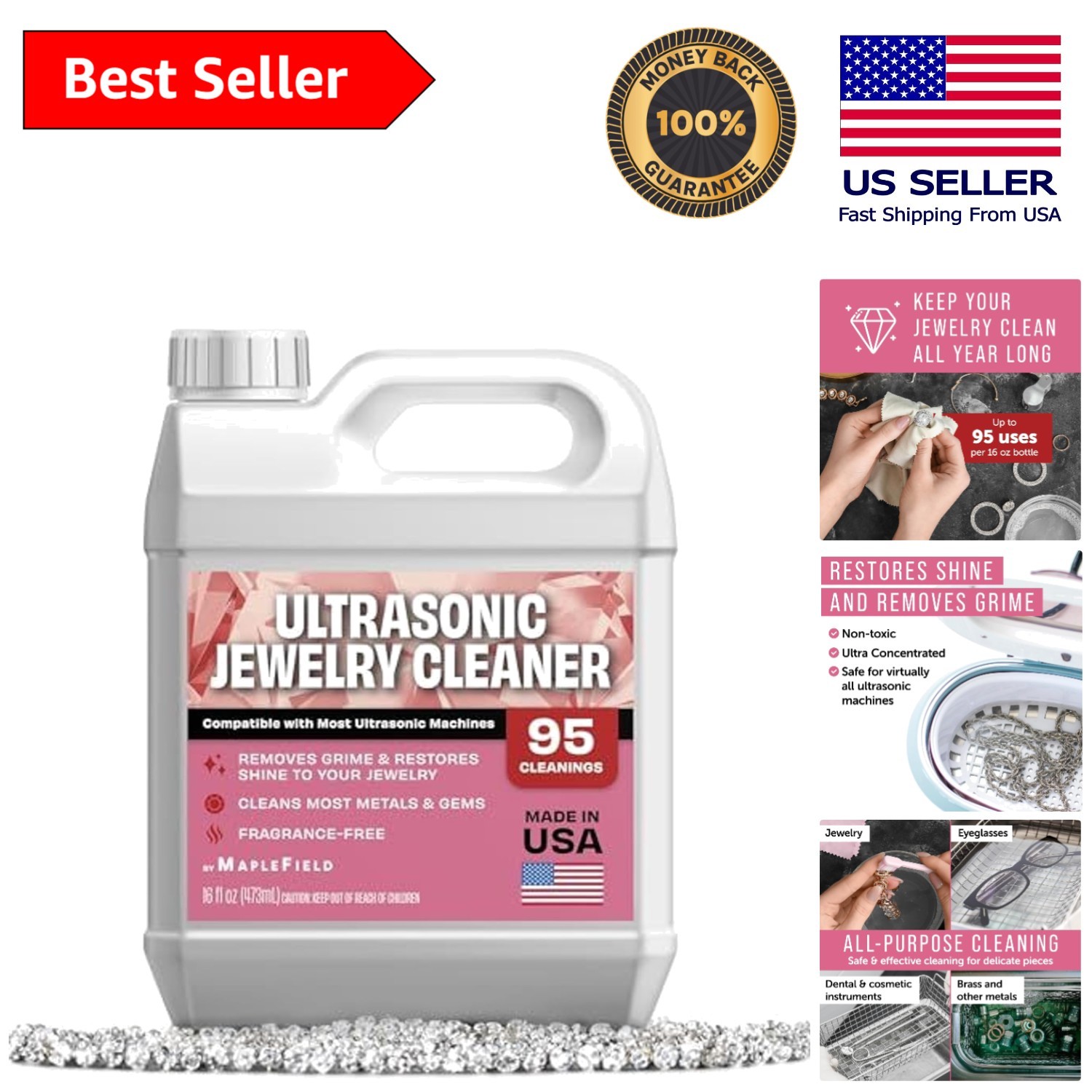 Elegant Ultrasonic Jewelry Cleaner Solution, 16 Fl Oz – Non-Toxic & Concentrated