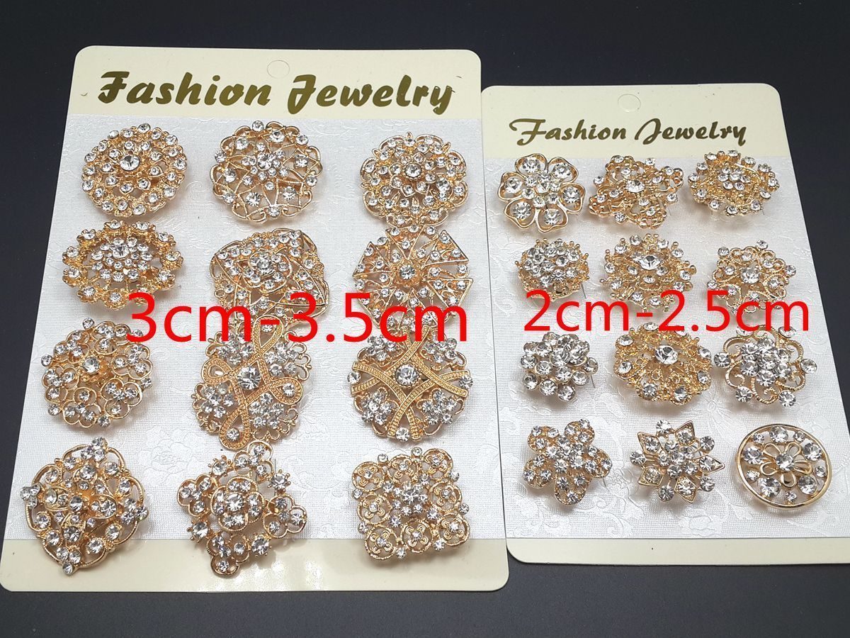Lot 24 pc Mixed Alloy Golden Rhinestone Crystal Brooch DIY Wedding Bouquet