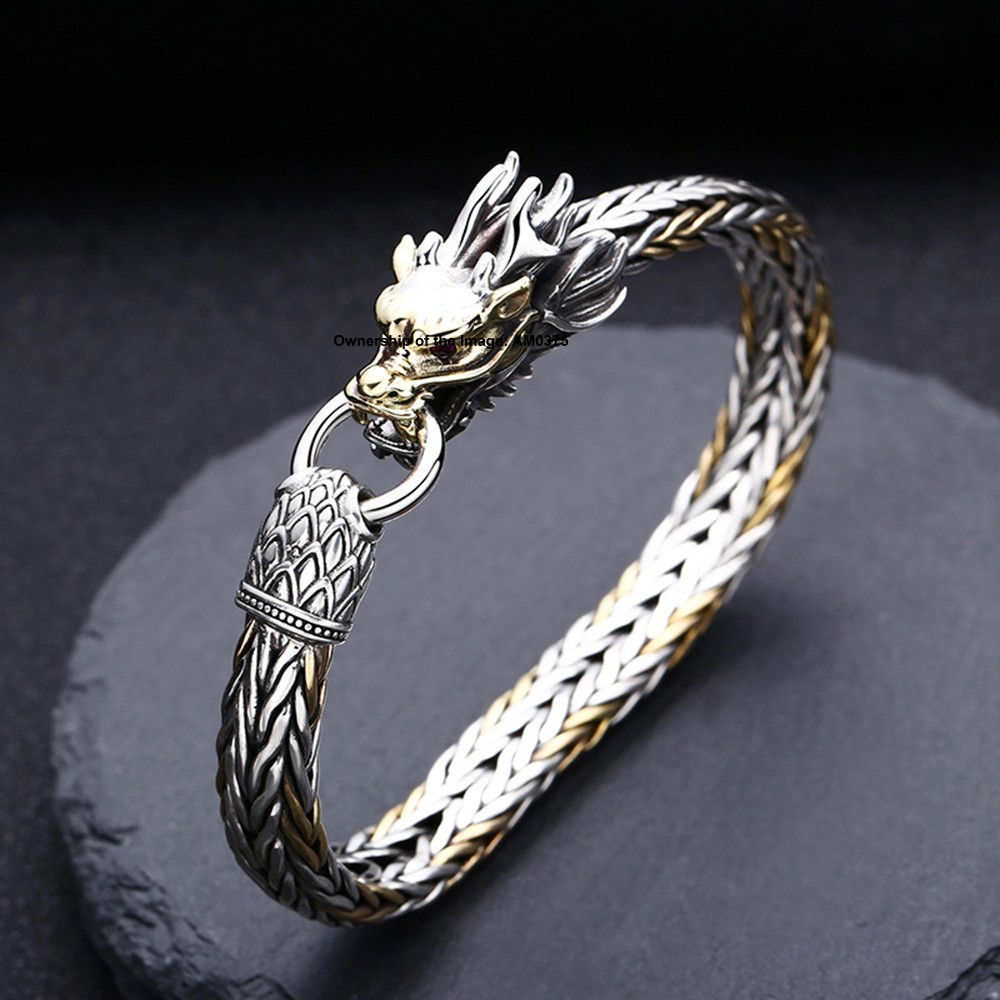 925 Solid Sterling Silver Dragon Head and Wheat Link Chain Bracelet 7.9inch