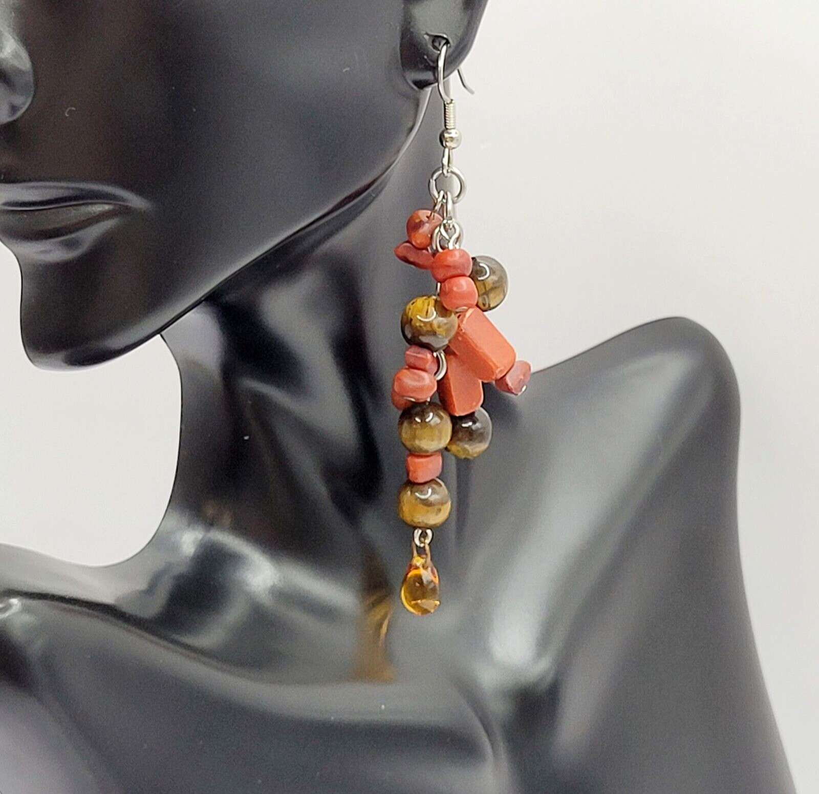 Modern Multi Shape Natural Stone Glass End Long Drop Dangle Hook Pierced Earring