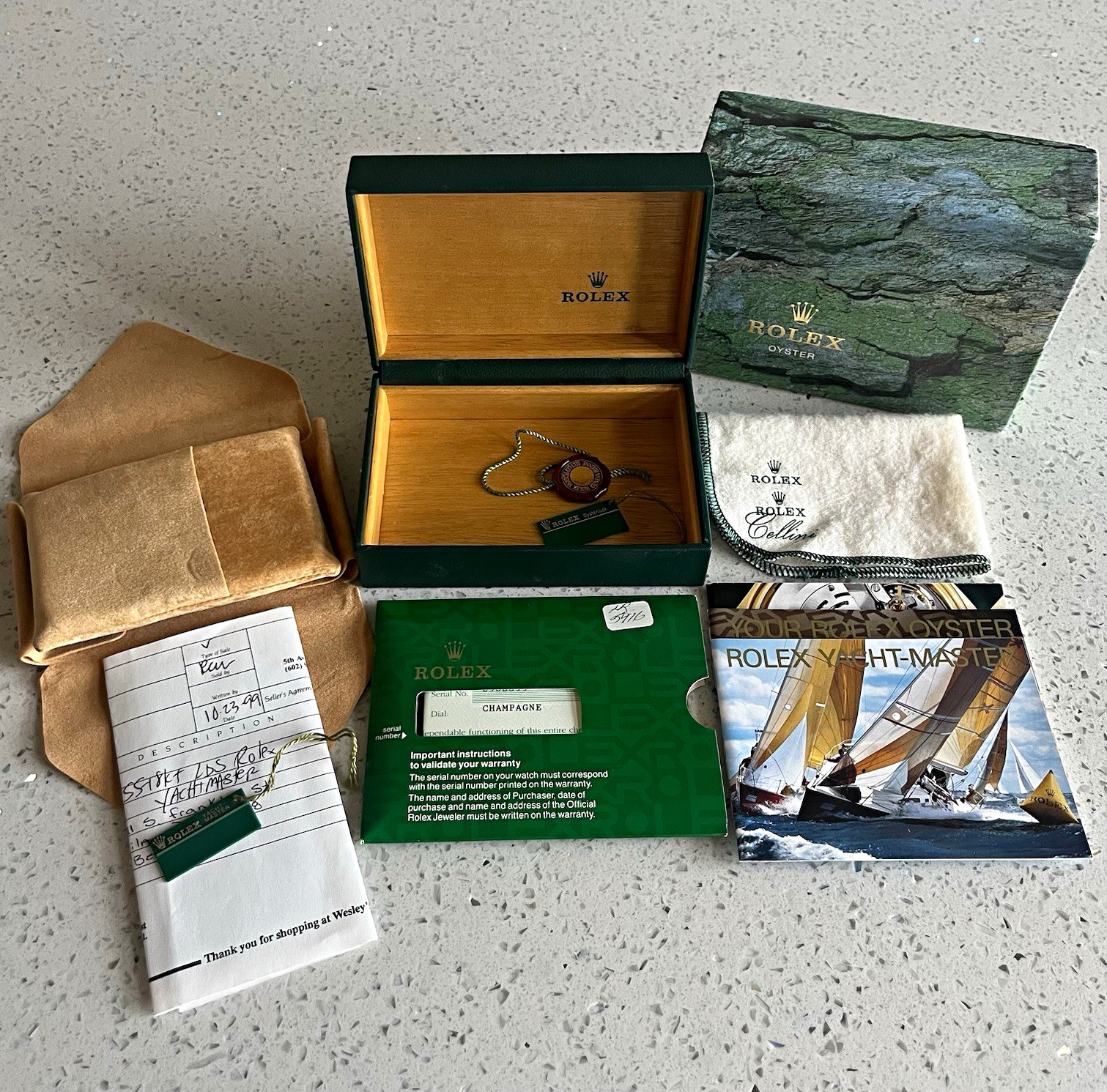 Rolex Green Wood Watch Storage Box Set w/ Outer Box, Papers, Tag, Cloth