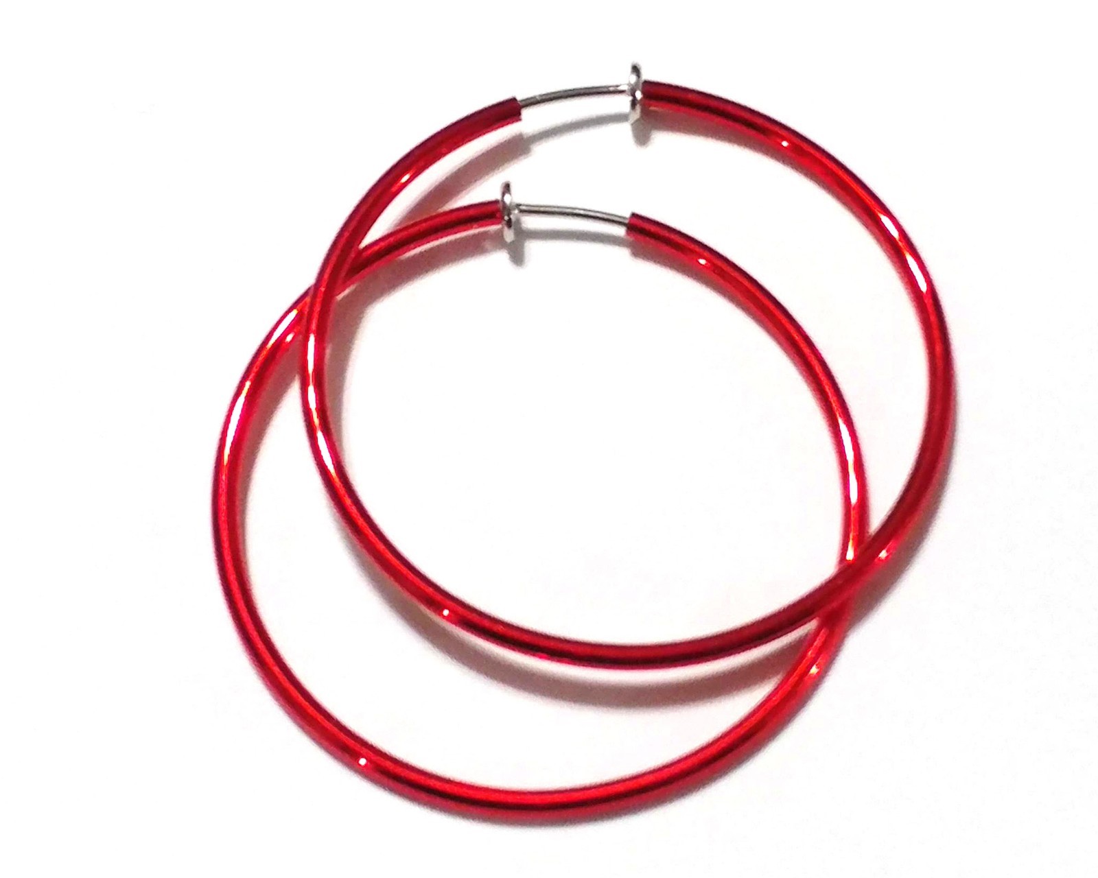 CLIP-ON EARRINGS RED HOOP EARRINGS 1.5 INCH HOOP EARRINGS THIN HOOPS NON PIERCED