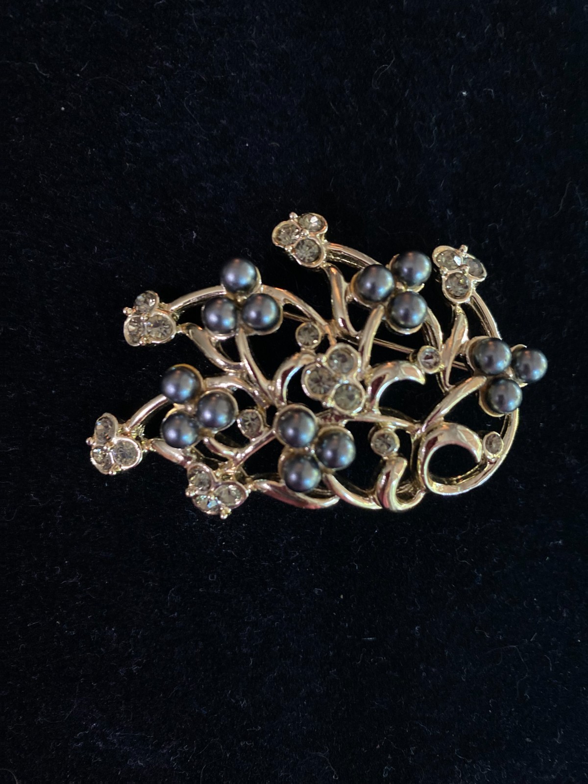 Vintage Marboux Marcel Boucher Smoky Rhinestones & Black Faux Pearls Brooch 752