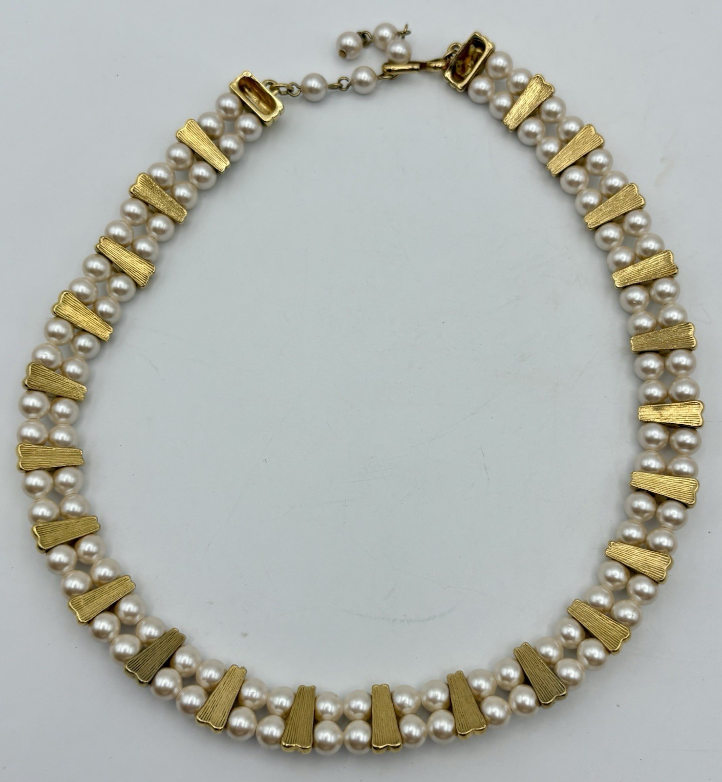 Monet Signed Double Strand Faux Pearl Gold Tone Choker Necklace Hook Clasp
