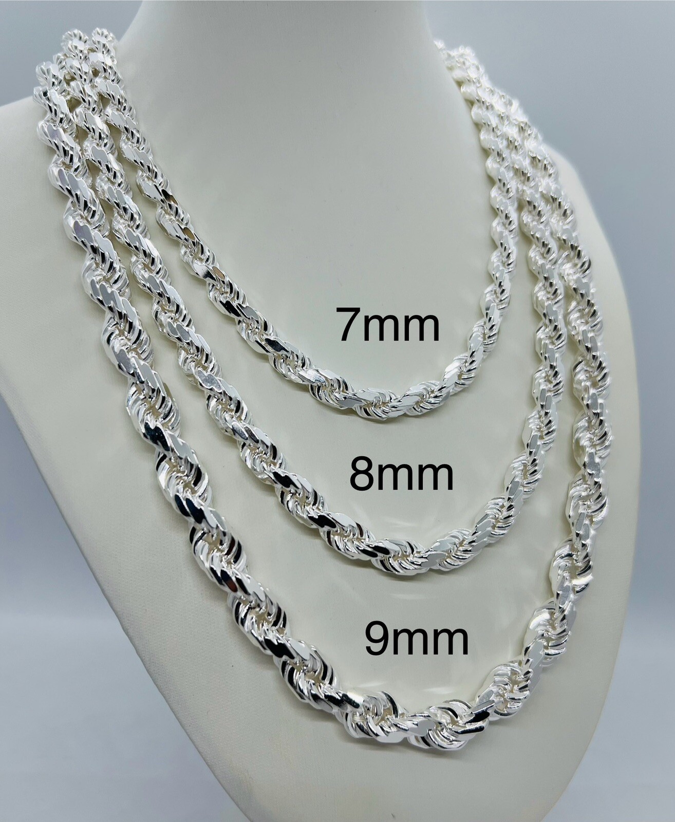 925 Sterling Silver Diamond Cut Rope chain Men’s Necklace 7mm, 8mm, 9mm 20″- 30″