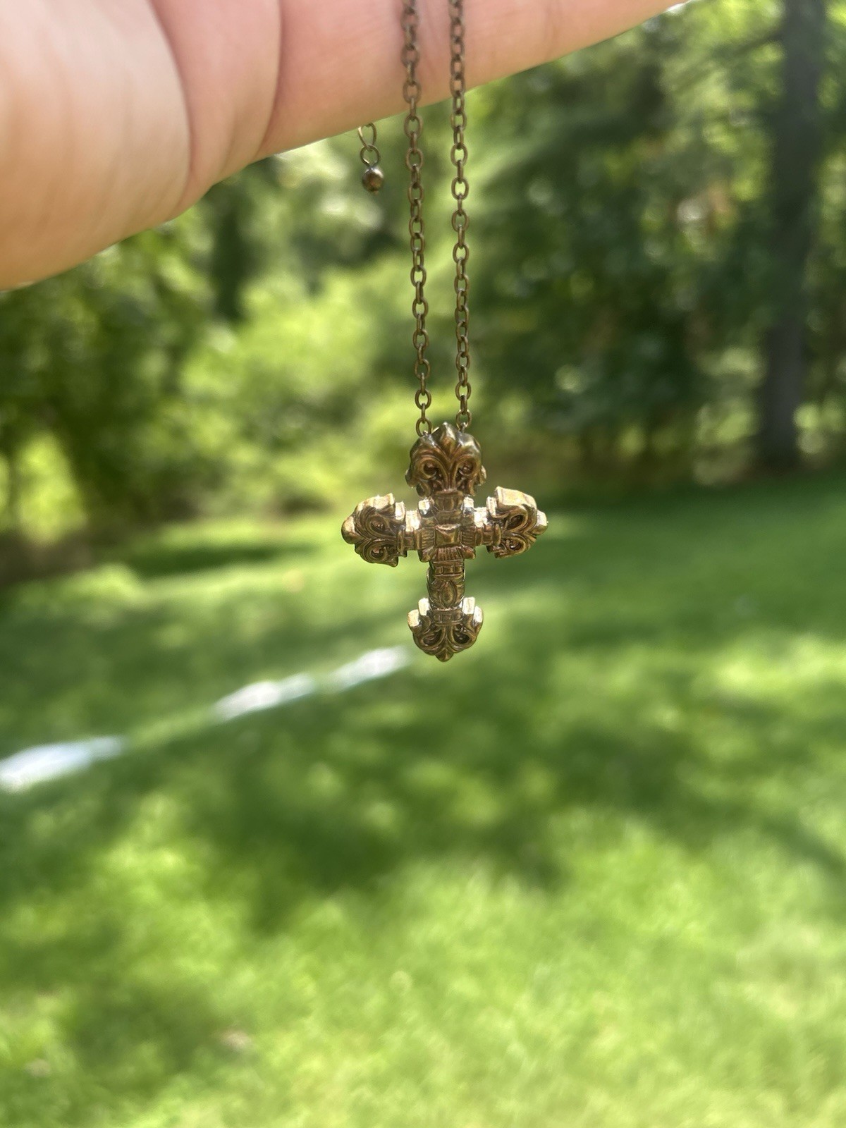 Brass Tone Cross Necklace w/ Adjustable Cable Chain