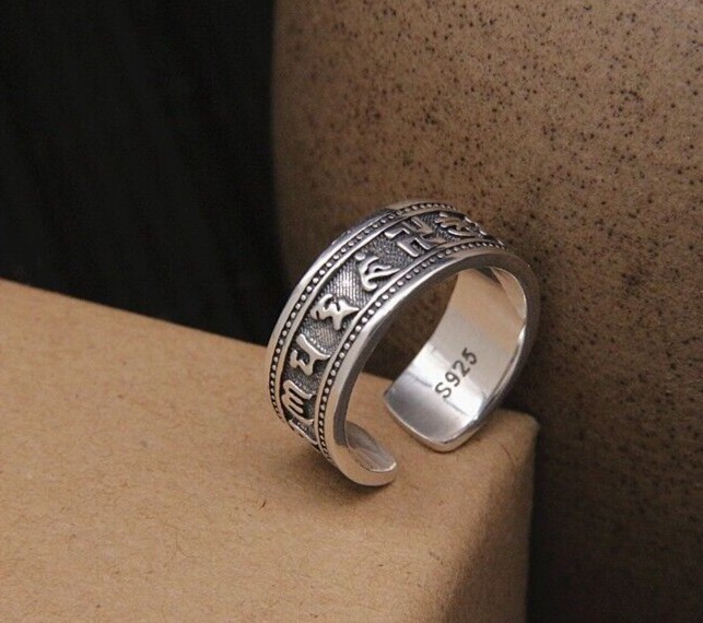 New mens sterling Silver Open Ring with Buddhist six-character mantra gift