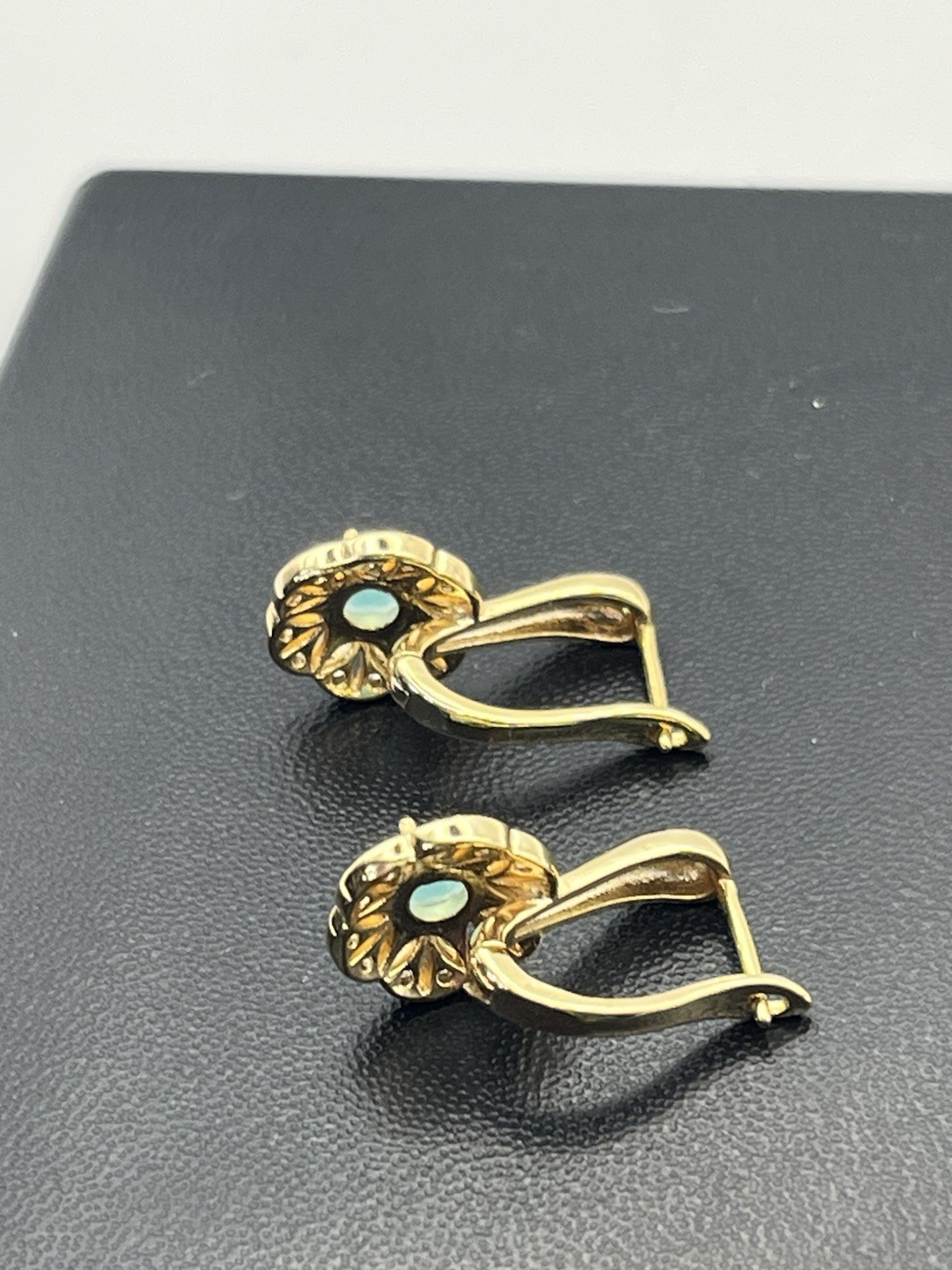 Pale blue green rhinestone gold tone flower cluster earrings