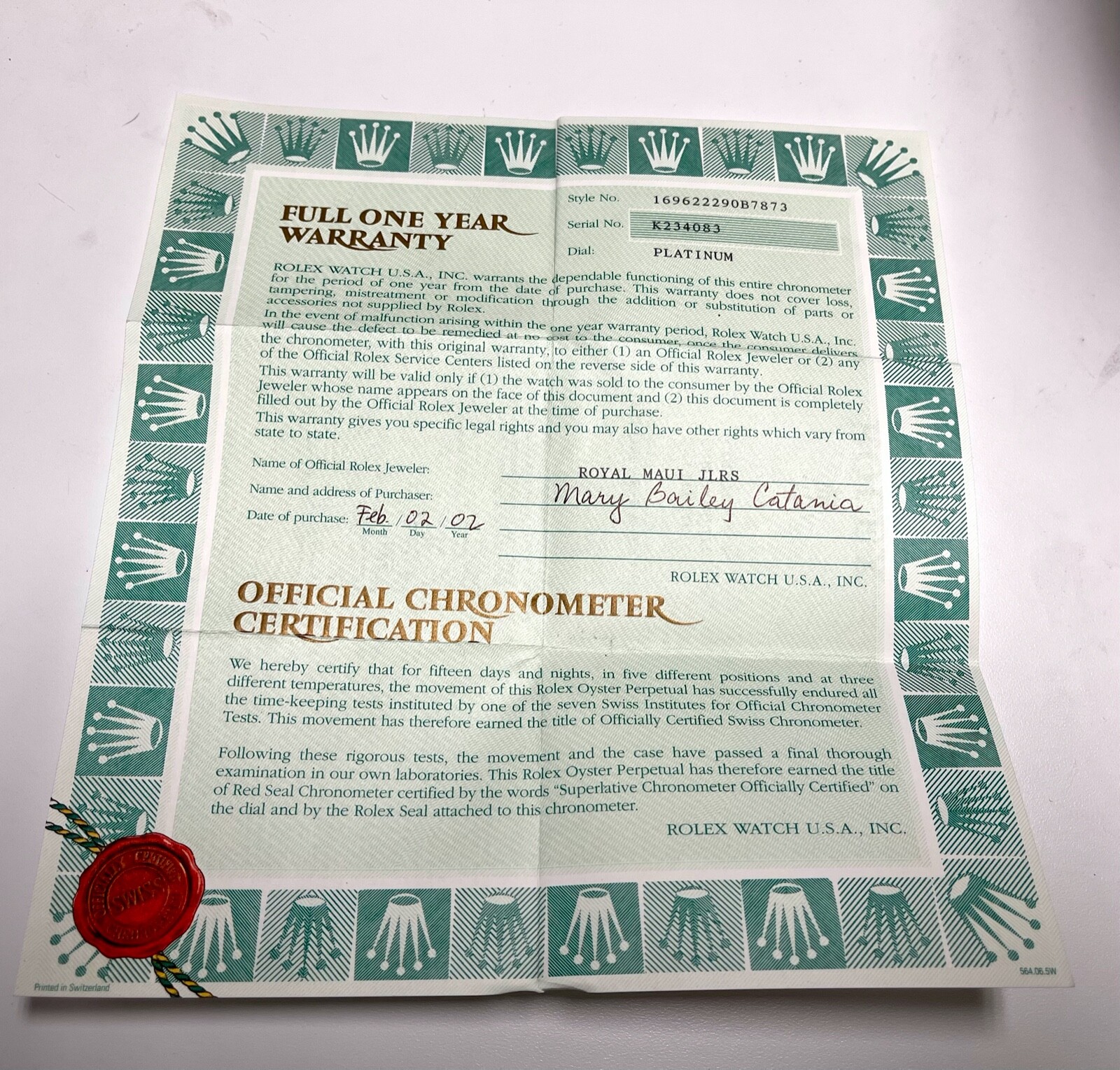 Rolex full one year warranty certificate For Ref 16962