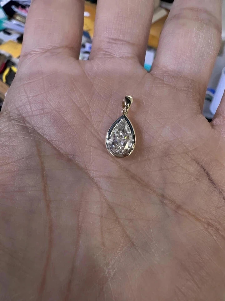 2Ct Pear-Cut Moissanite Bezel Women’s Pendant Necklace 14k White Gold Plated