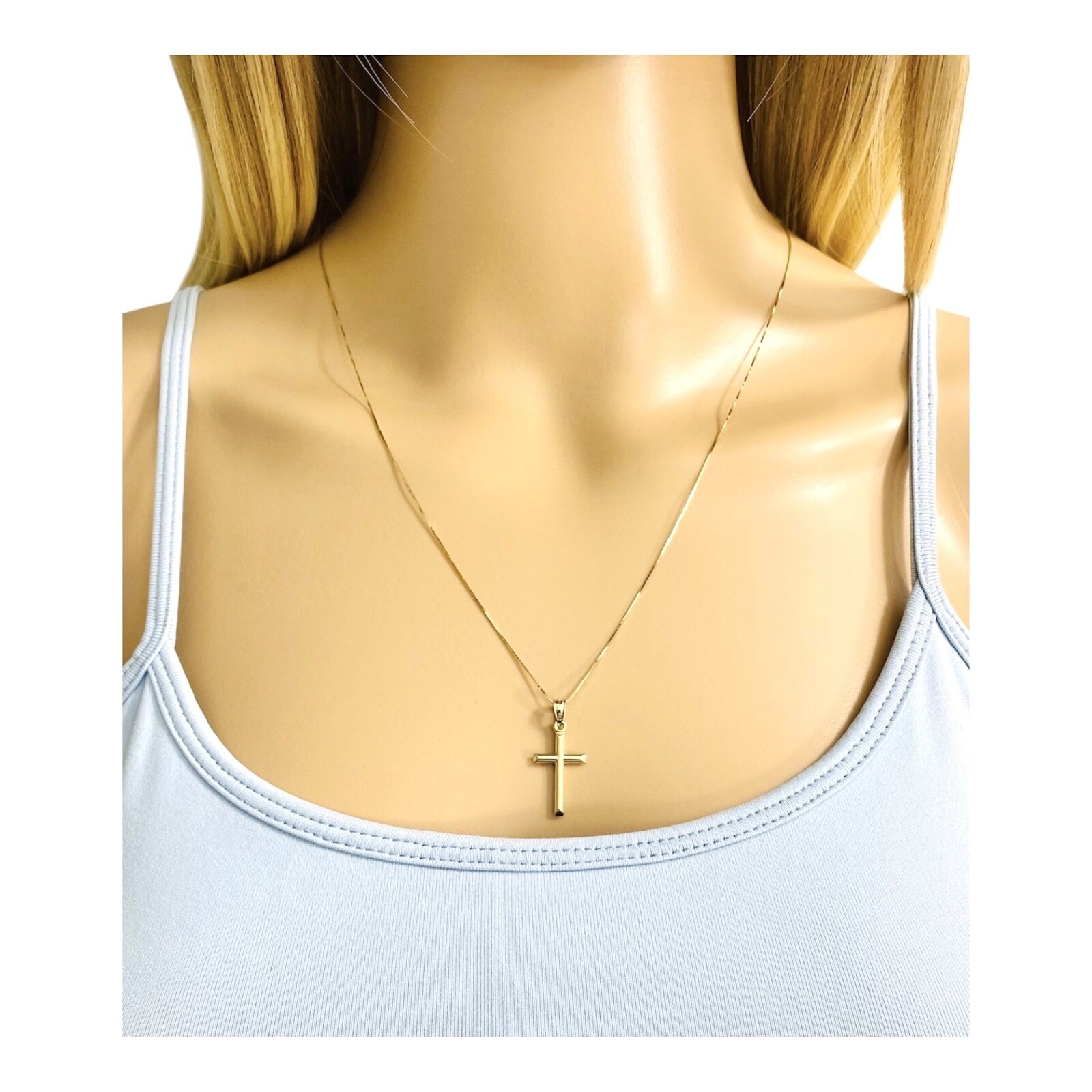 14K Solid Yellow Gold Cross Pendant Necklace-0.5mm Box Chain- Small Cross- C3623