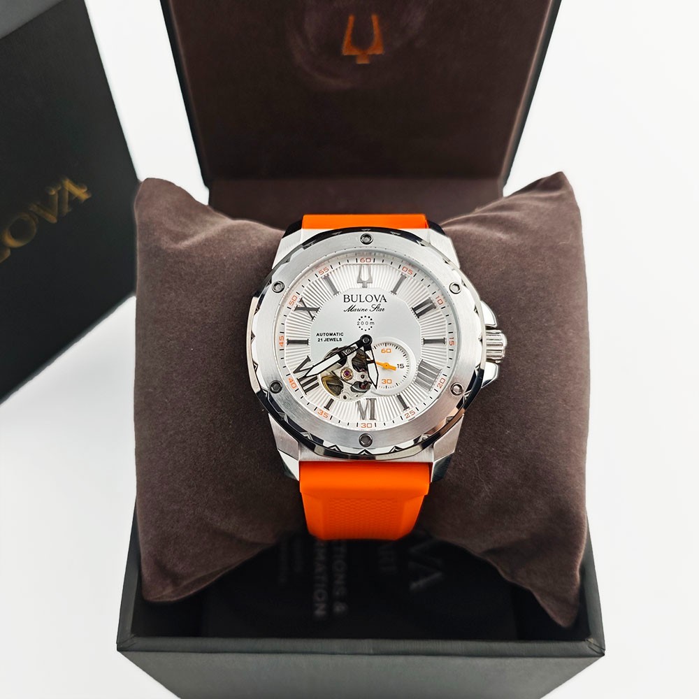 Bulova 98A226 Marine Star Silver Dial Orange Silicon Starp Men’s 45MM Watch NEW