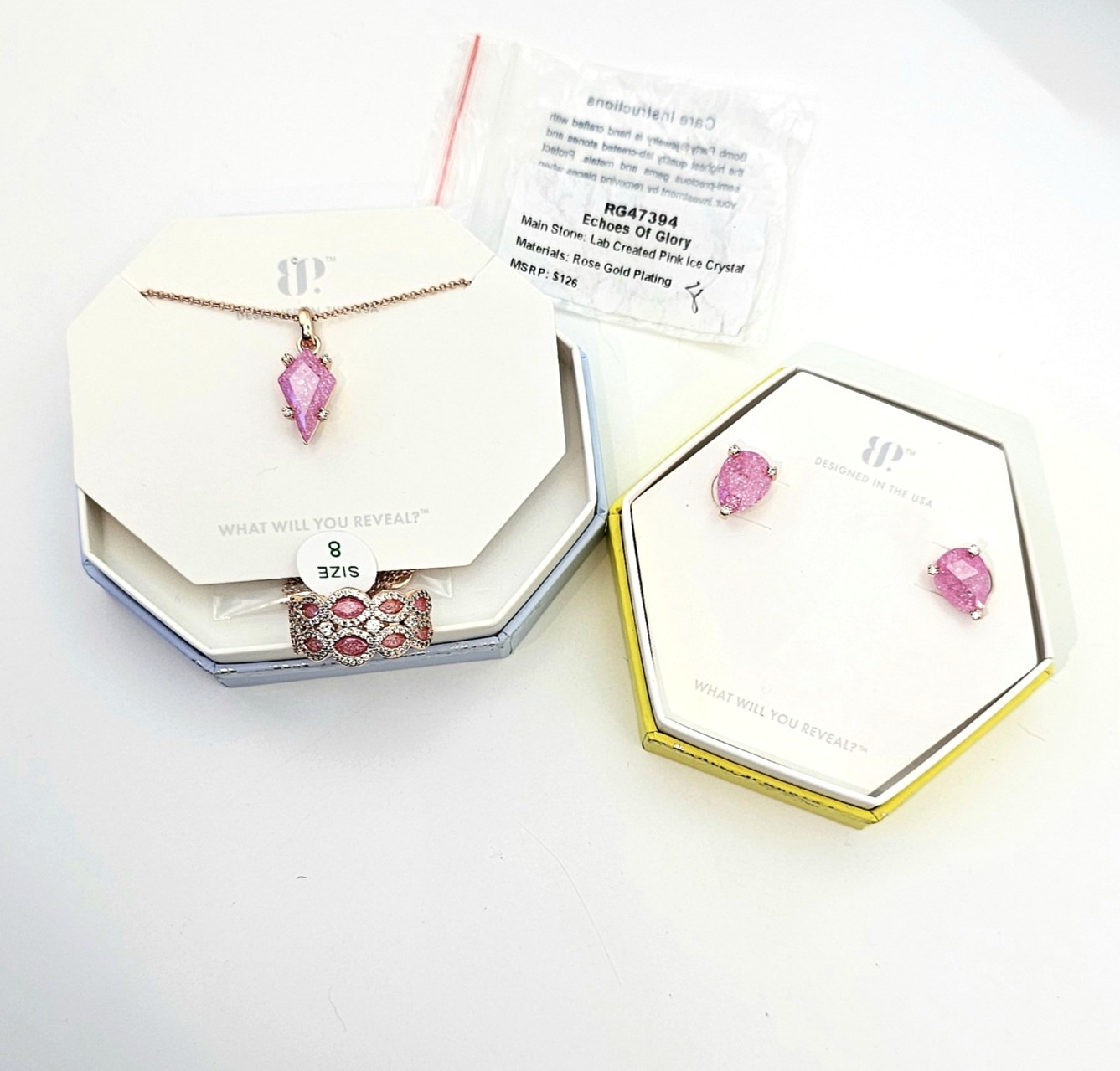 Bomb Party BP Bundle – Pink Ice Necklace Earrings Ring Rose Gold-plating Size 8