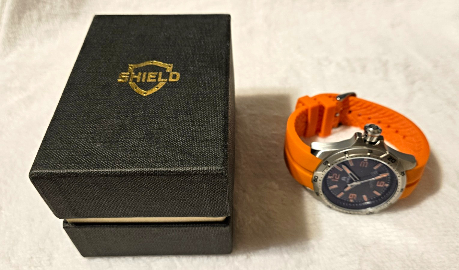 Shield Vessel Men’s Watch 47mm Black Dial Orange Rubber Strap With Date