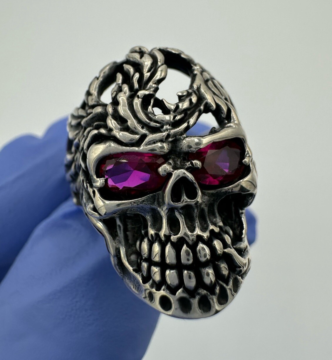 Cubic Zirconia Red Eyes Sterling Silver 925 Skull Biker Ring Size 11 9.18 Grams