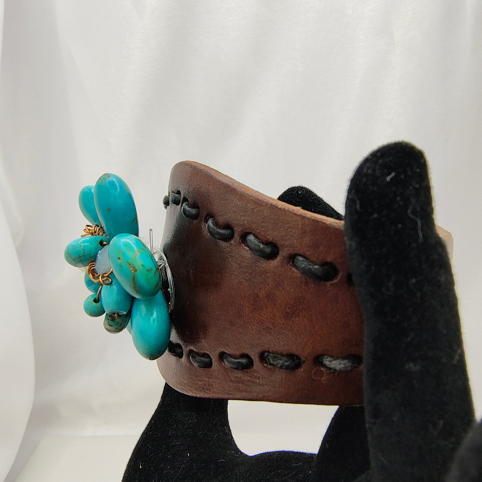 Leather Faux Turquoise Flower Cuff Bracelet Bohemian Ecclectic Statement