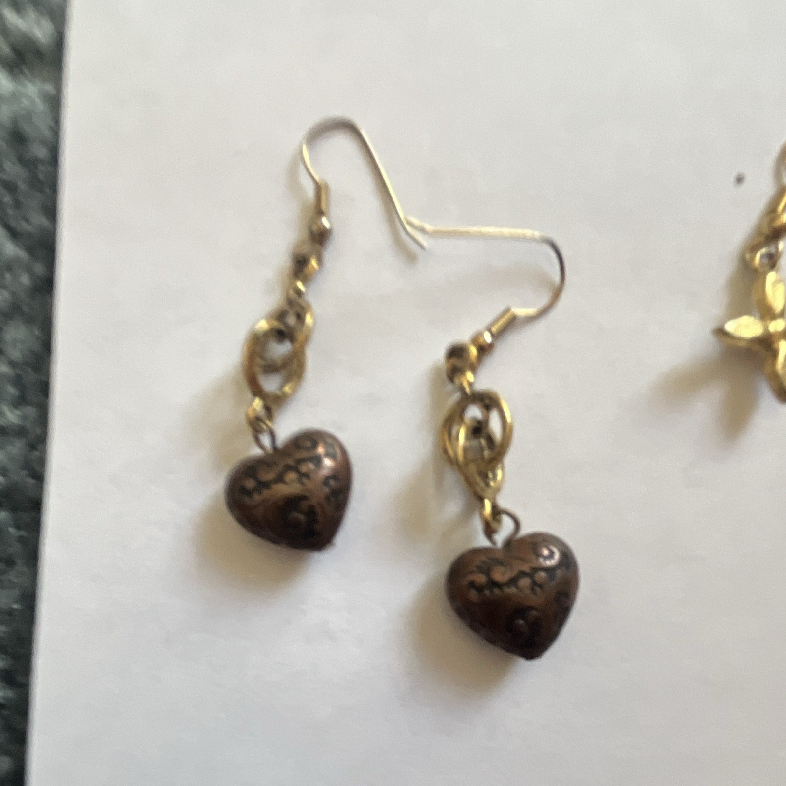 Gold Tone Brown Heart Charm Hook Dangle/Drop Earrings Love Theme