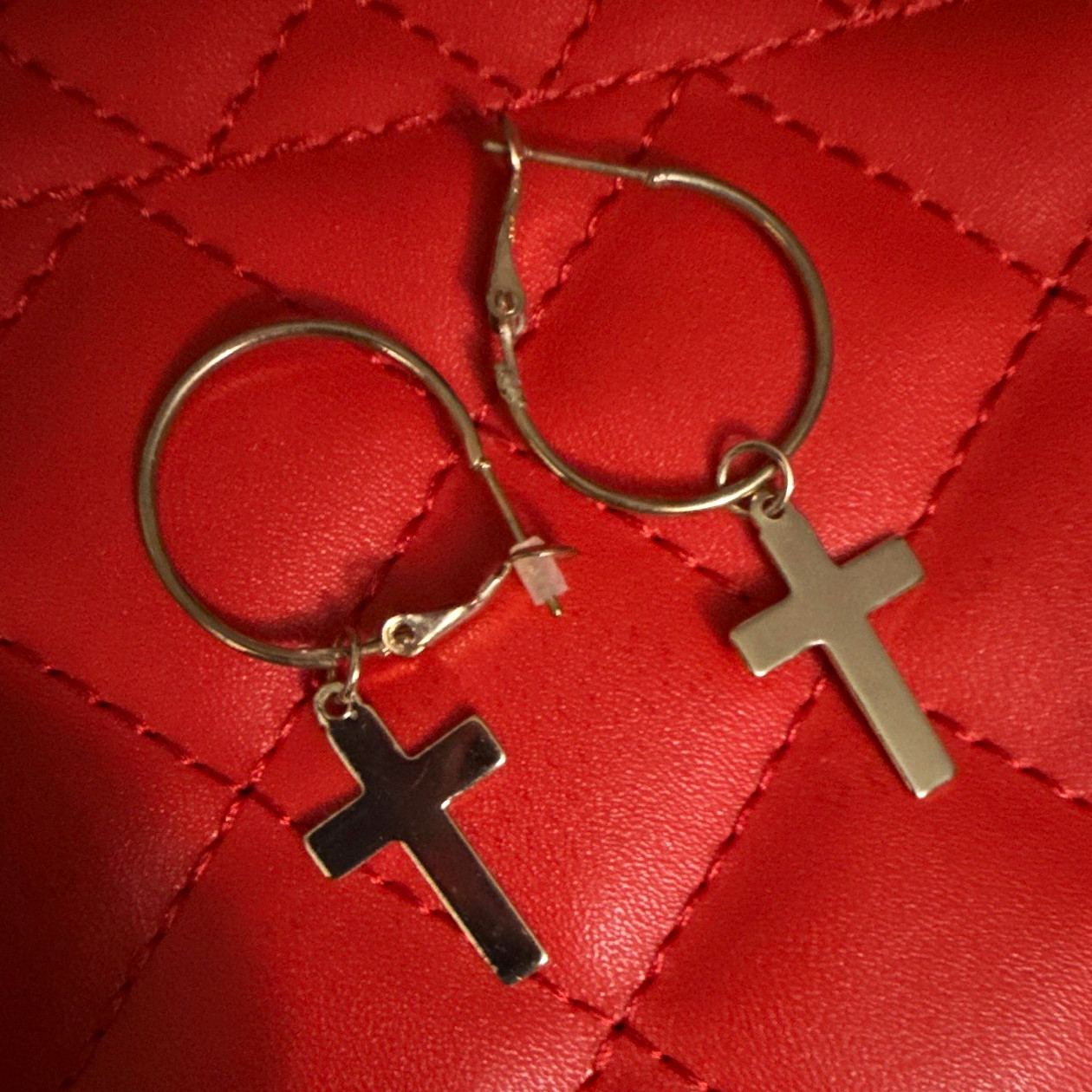 Silver Tone Metal Hoop Earrings Cross Dangle Charms Religious Latch Back