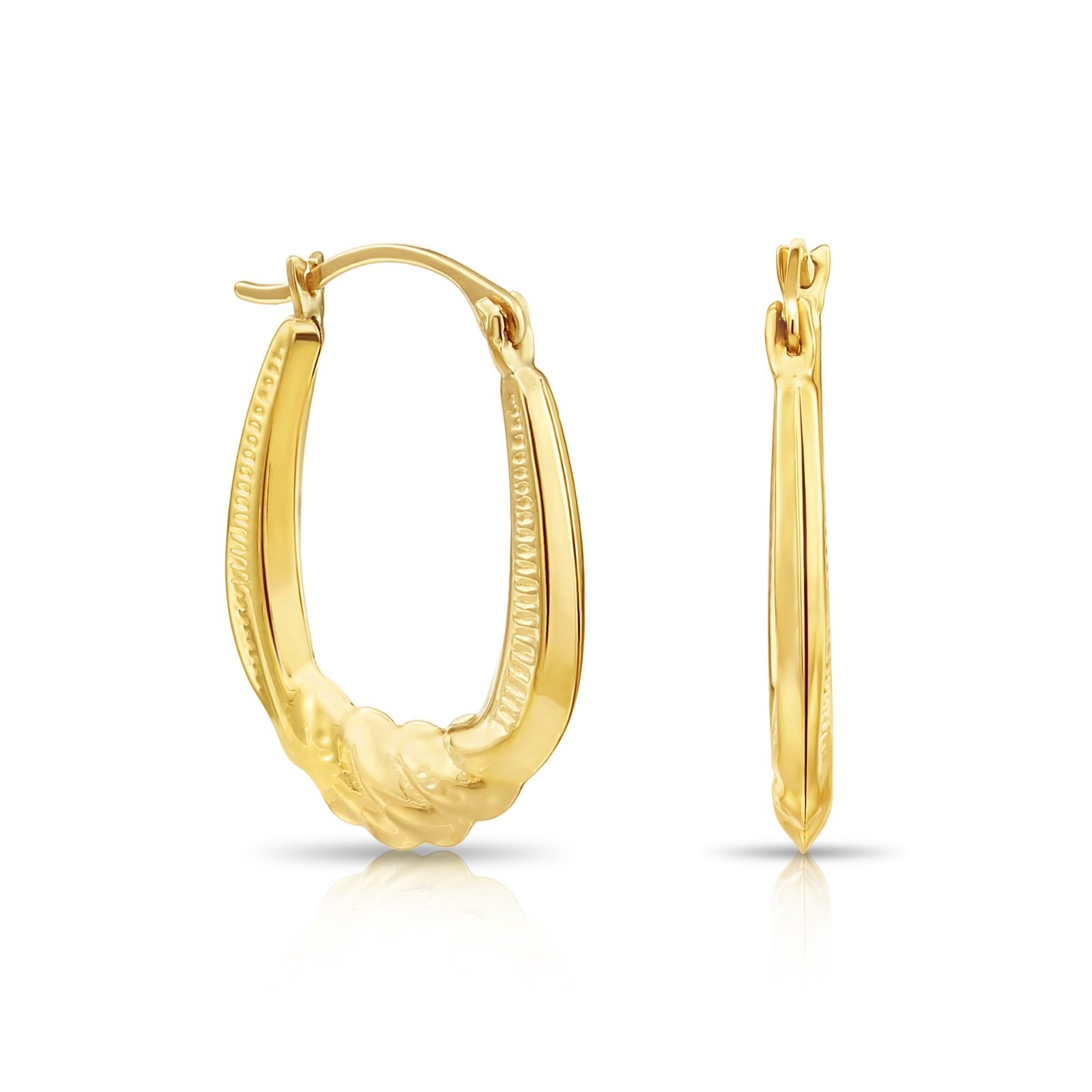 10K Real Solid Yellow Gold Puffy Twisted Oval Creole Midi Hoops Earrings