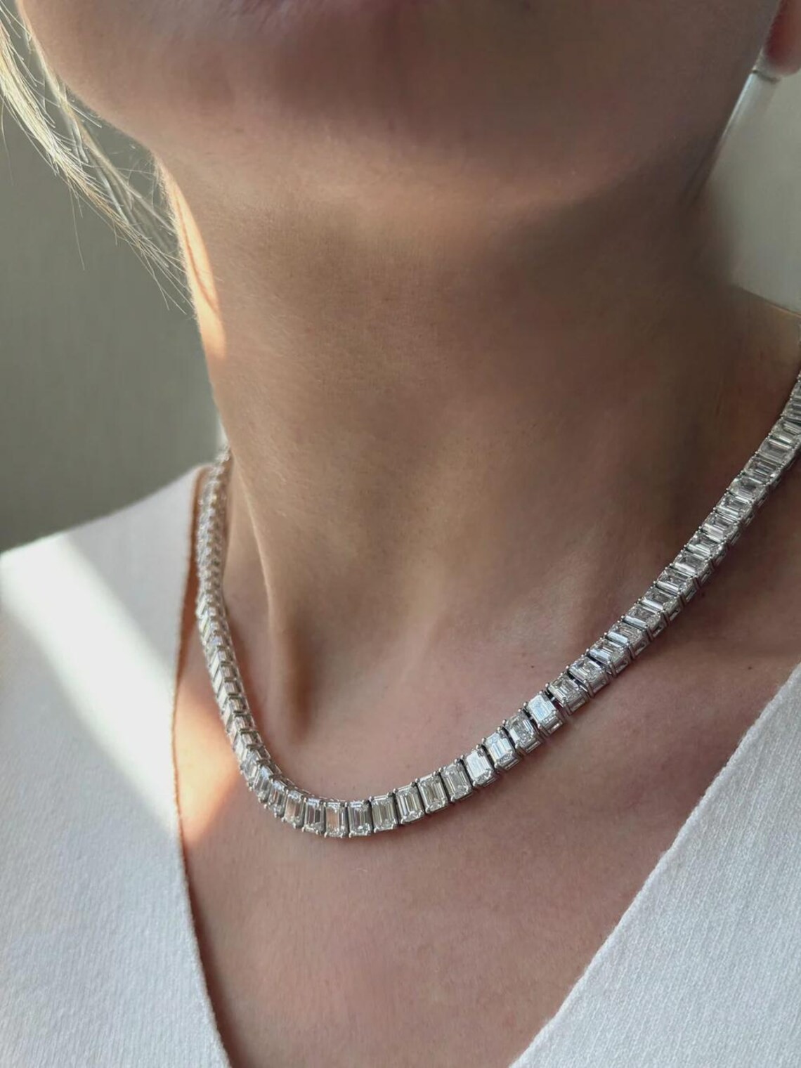 Emerald Cut 33.00 Ct 100% created Diamond Tennis Necklace Hallmarked 925