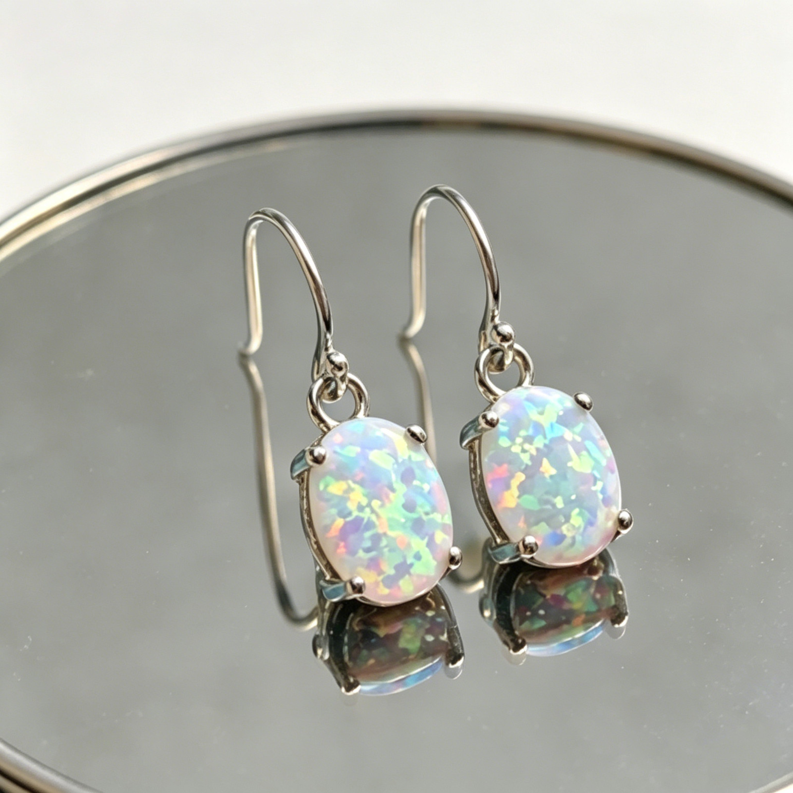 White Opal Dangle Earrings – Sterling Silver Plated Oval Fire Opal Drop Earrings