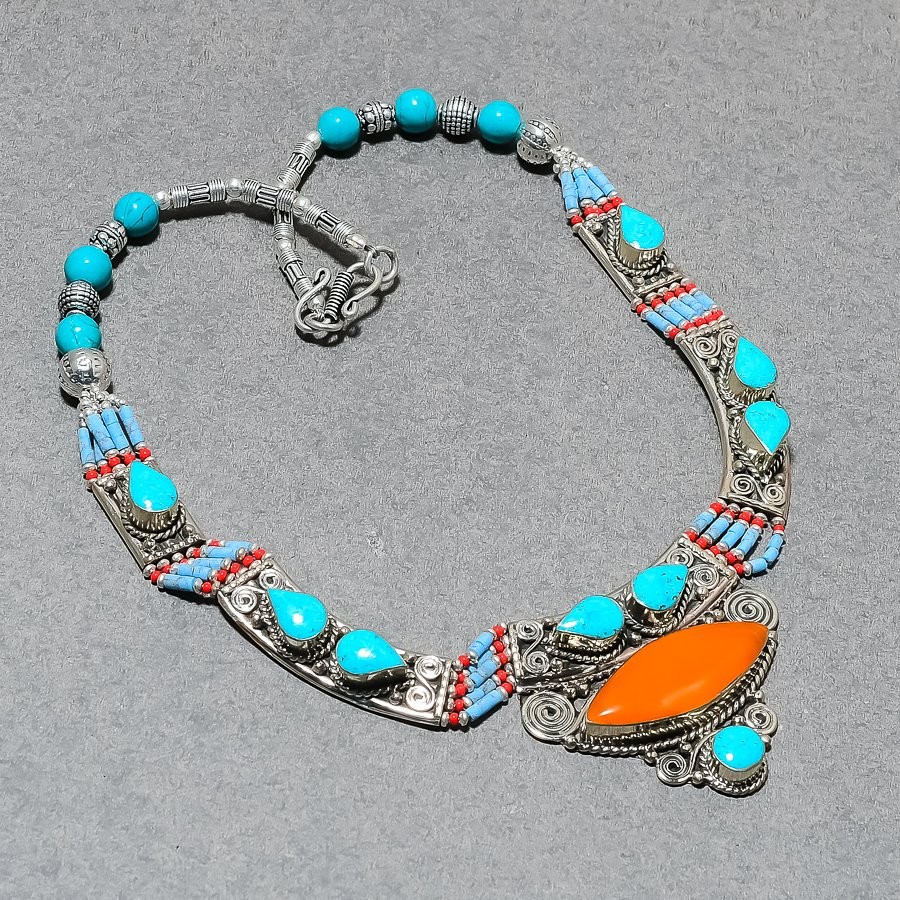Yellow Coral Turquoise Necklace Handmade Tibetan Amazing Nepali Jewelry 18″ N52