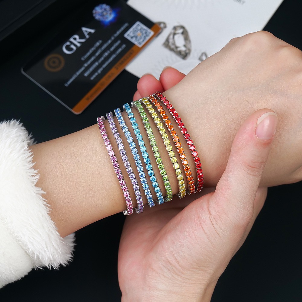 2mm Round Colourful Moissanite Tennis Chain 925 Sterling Silver Bracelet Women