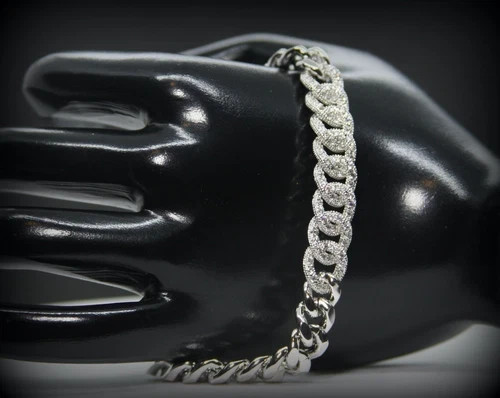 18K White Gold Filled Cuban Link Chain Bracelet made Simulated Diamond 7”