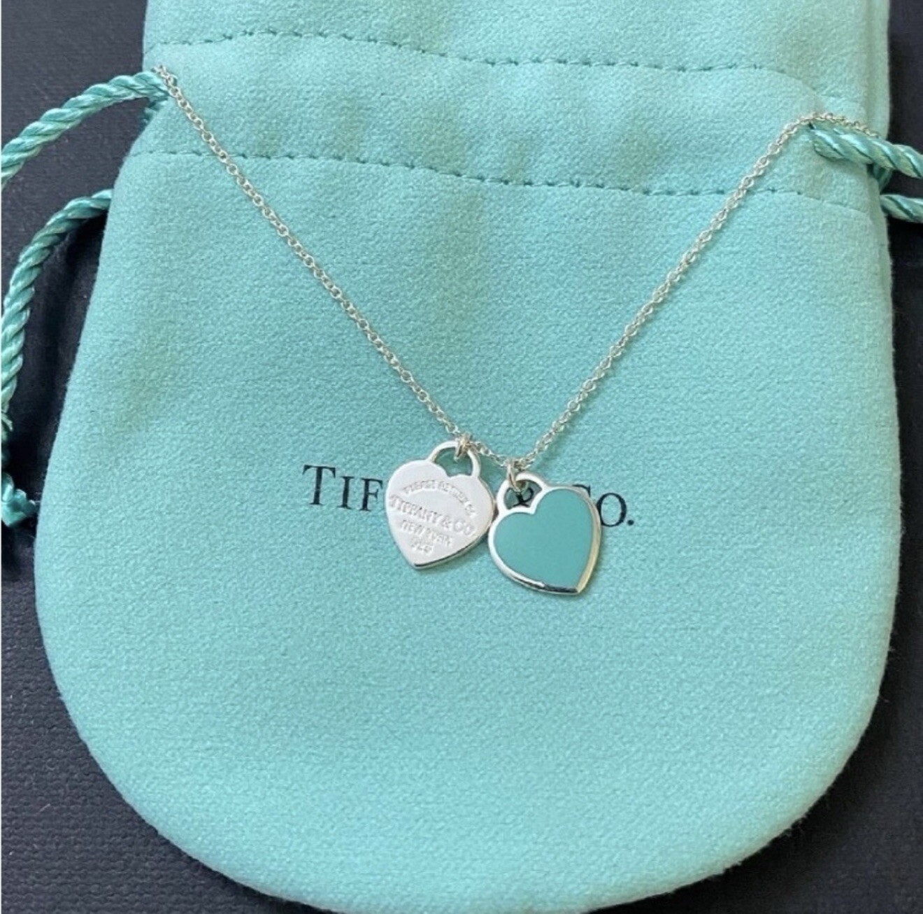 Tiffany & Co. Blue Double Mini Heart Tag Pendant Necklace ( 18” chain )
