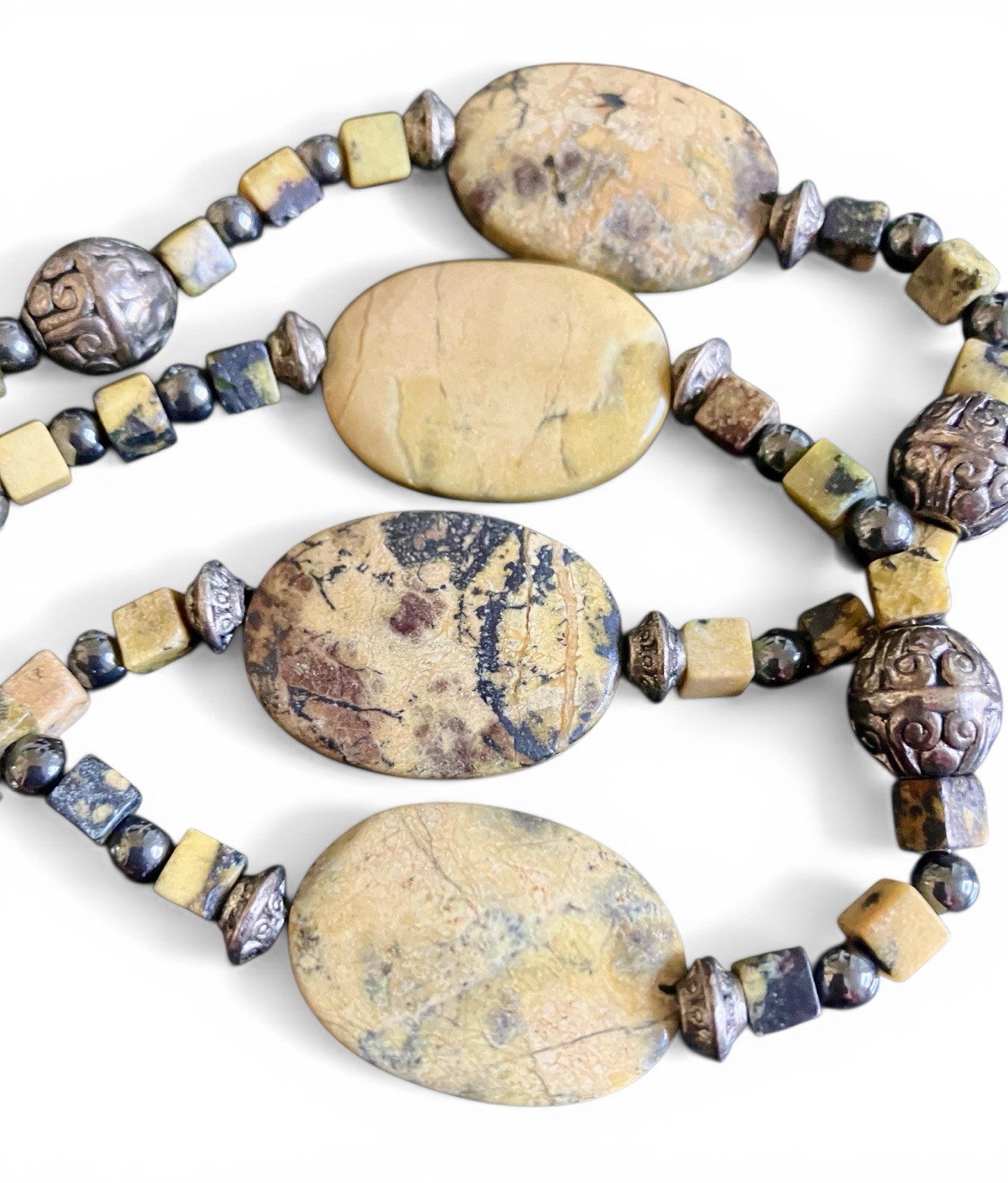 Chunky Beaded Picture Dalmatian Jasper Handmade Boho Southwest Necklace 22”