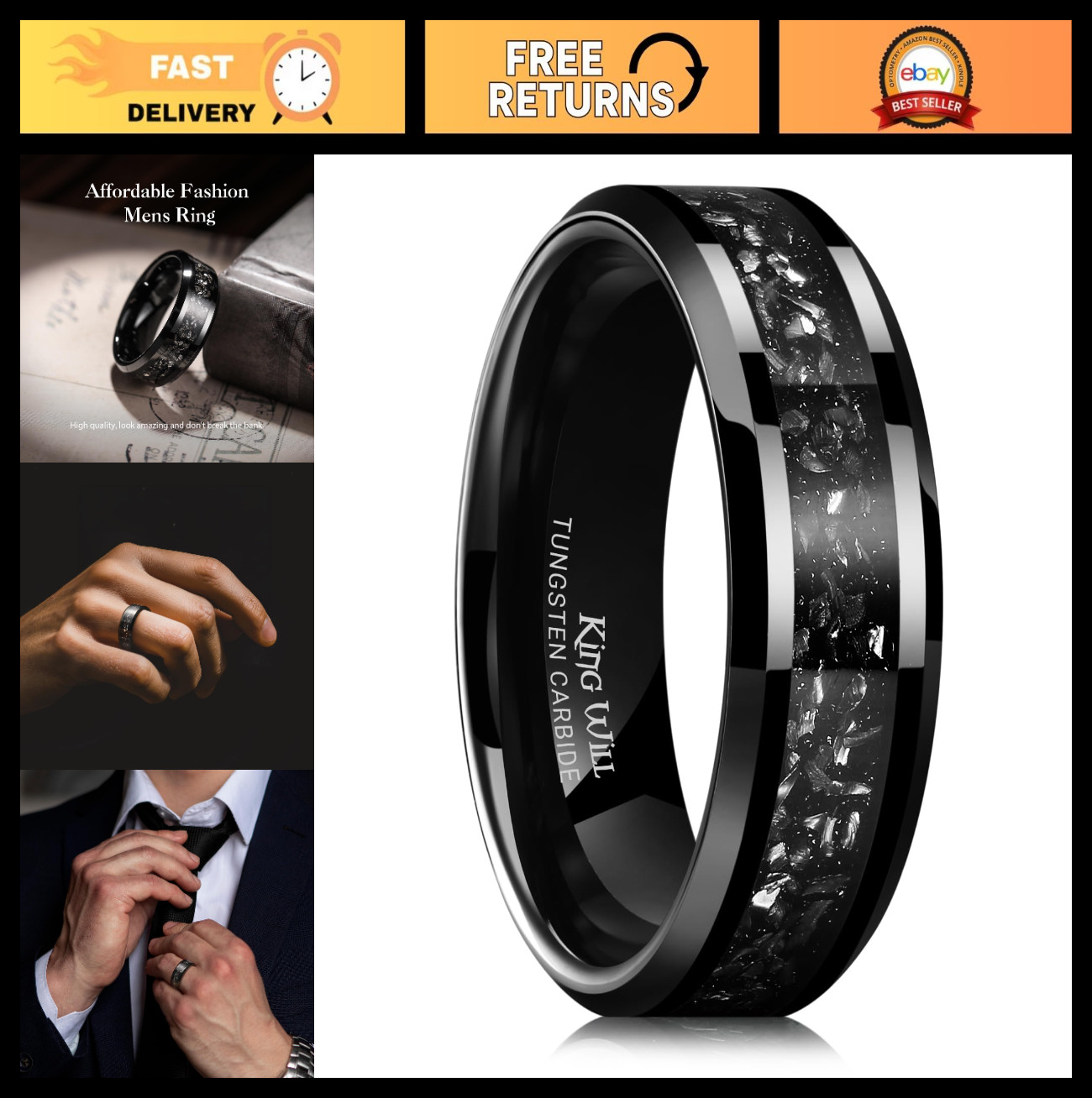 Meteorite Tungsten Wedding Bands for Men & Women | Black/Silver, 6mm/8mm, Bevele