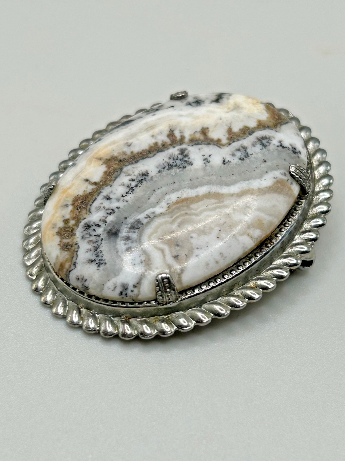 Hand Cut & Polished 2″ Dendrite Agate Stone Cabochon Pin in Sterling Silver JP2