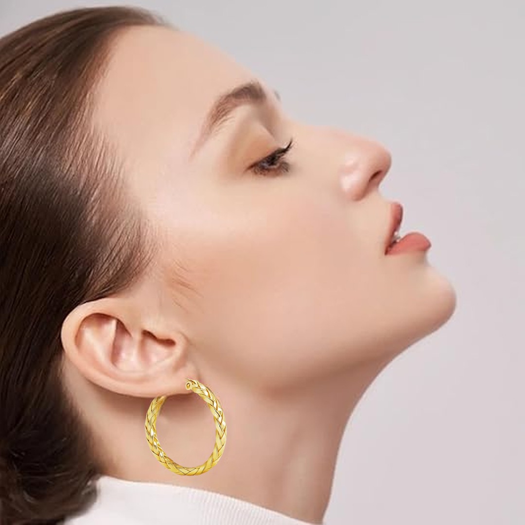 14K Gold Earrings for Women Weave Design Hoop Earrings Classic Earring 30MM