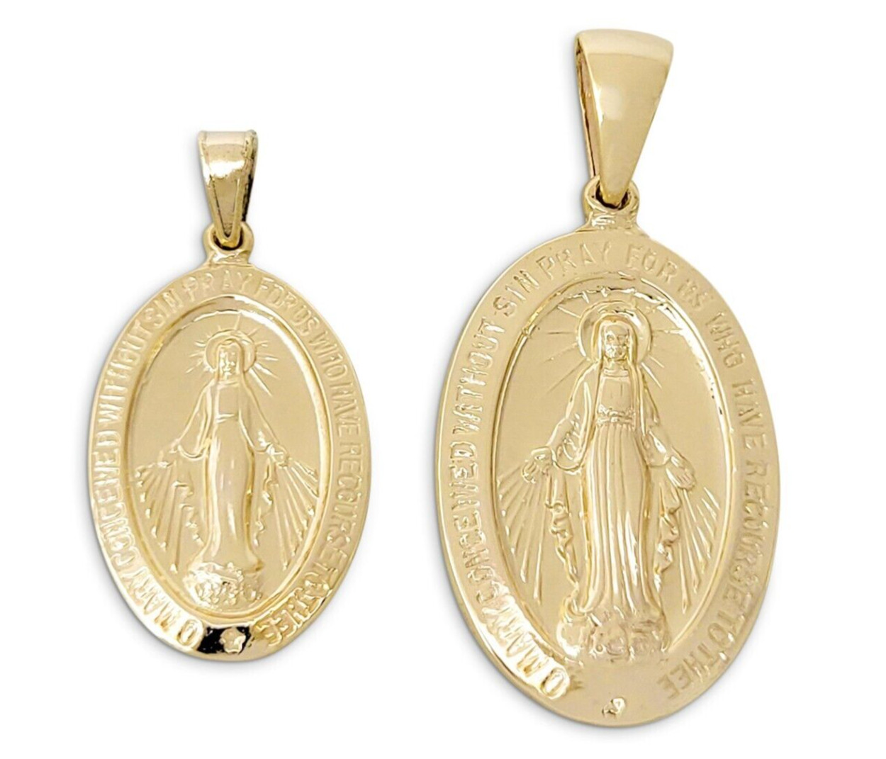 Real 10K Yellow Gold Miraculous Medal Virgin Mary Pendant, 0.9″ or 1.1″ Catholic
