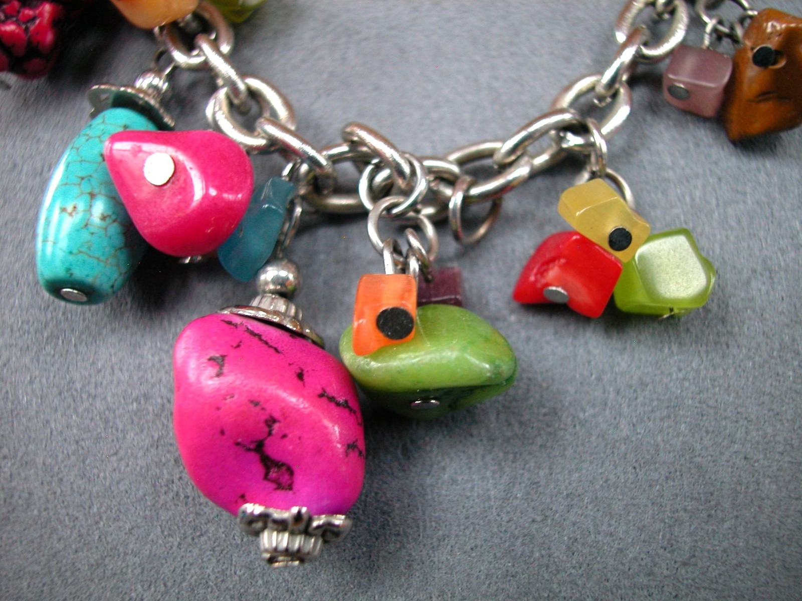 Chunky Multicolor Stone Beaded Silver Chain Necklace 16″ With 2.5″ Extender