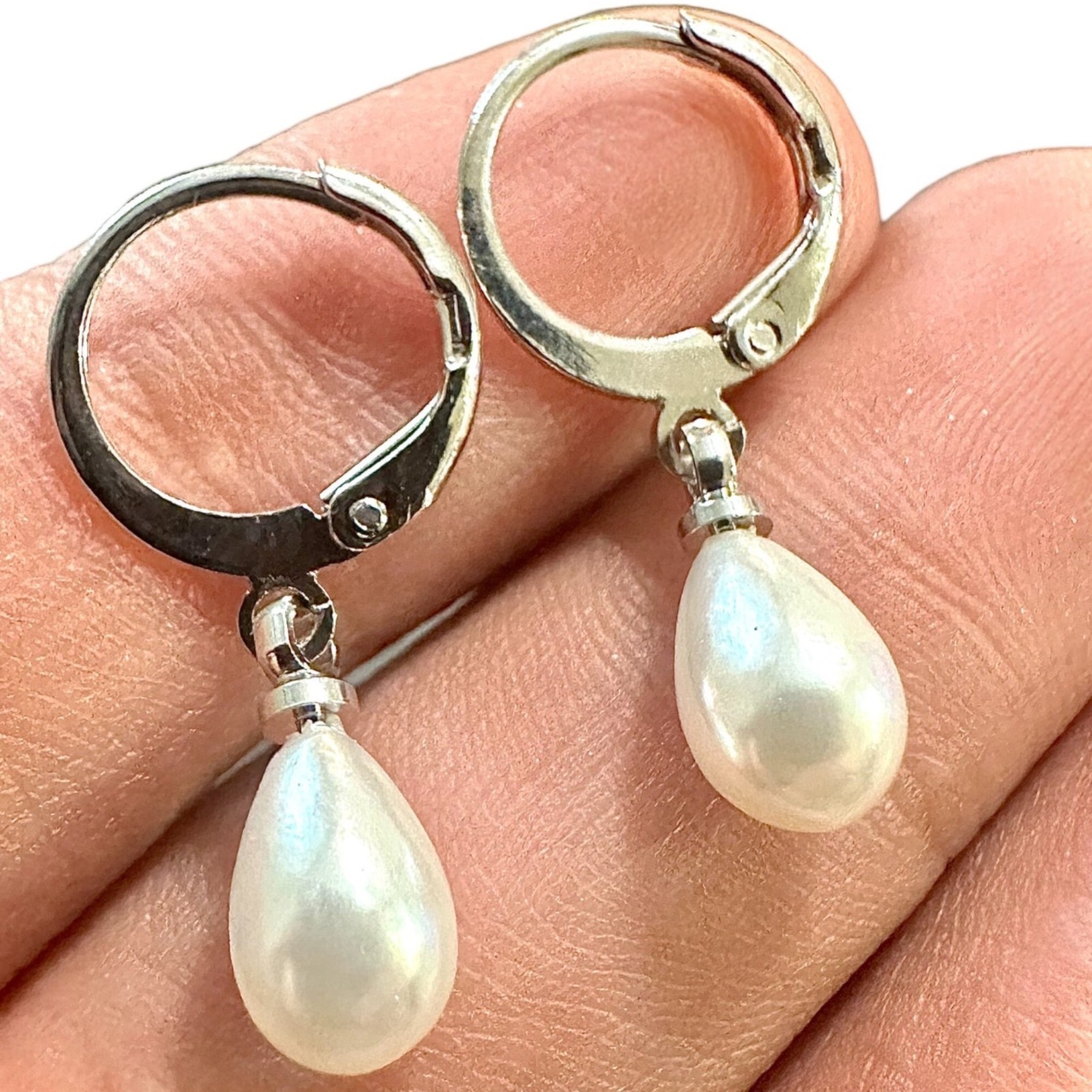Pearl Drop Earrings 8mm Simulated Pearl Silver Plated Huggie Dangle