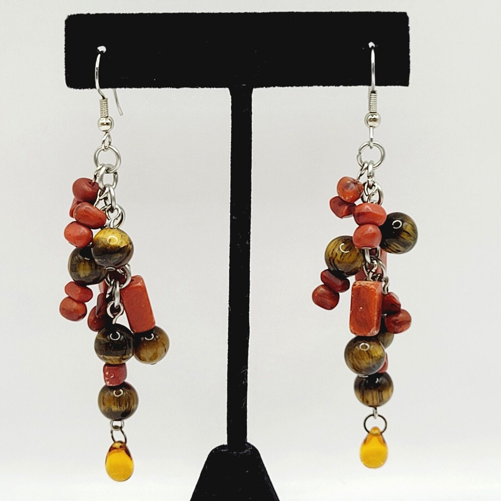 Modern Multi Shape Natural Stone Glass End Long Drop Dangle Hook Pierced Earring