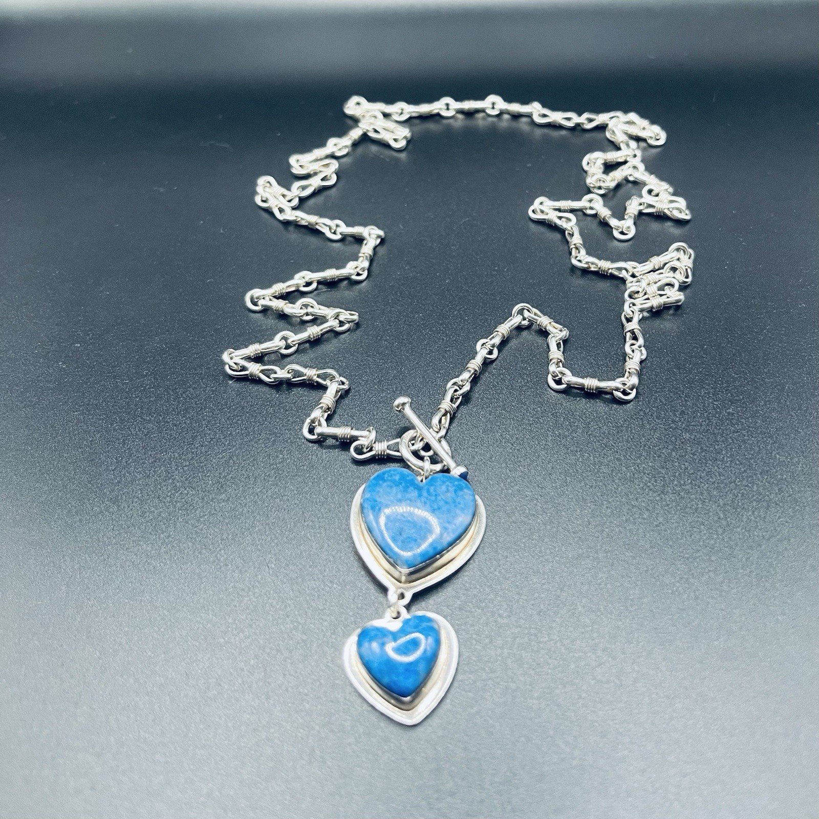Vintage Navajo Sterling Silver Lapis Lazuli Hearts Necklace 37g Mariner Link