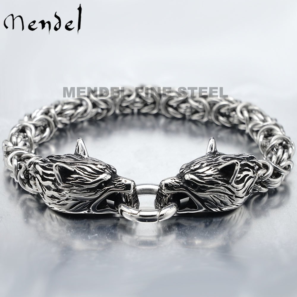 MENDEL 6-8 inch Mens Stainless Steel Norse Viking Fenrir Wolf Head Bracelet Men