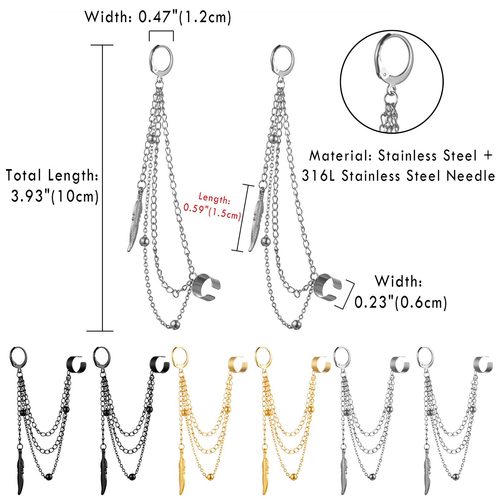 Punk Clip On Stainless Steel Feather Chain Tassel Dangle Ear Cuff Wrap Earrings