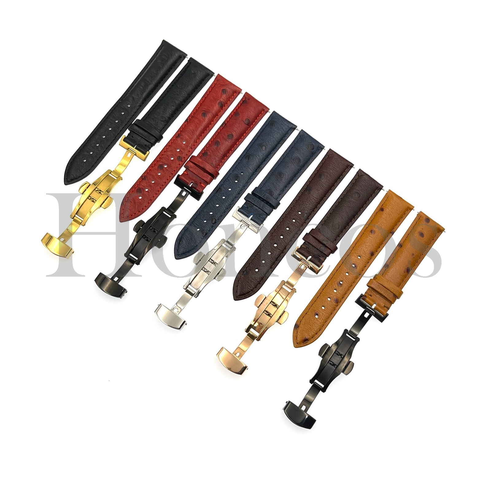 18-22MM Ostrich Leather Watch Band Strap with Quick Release Pins Butterfly Clasp