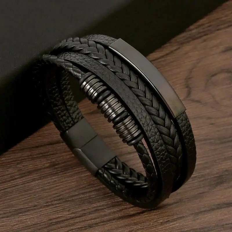 Men Jewelry Black Braided Leather Bracelet Multi-Layer Stainless Steel Clasp A