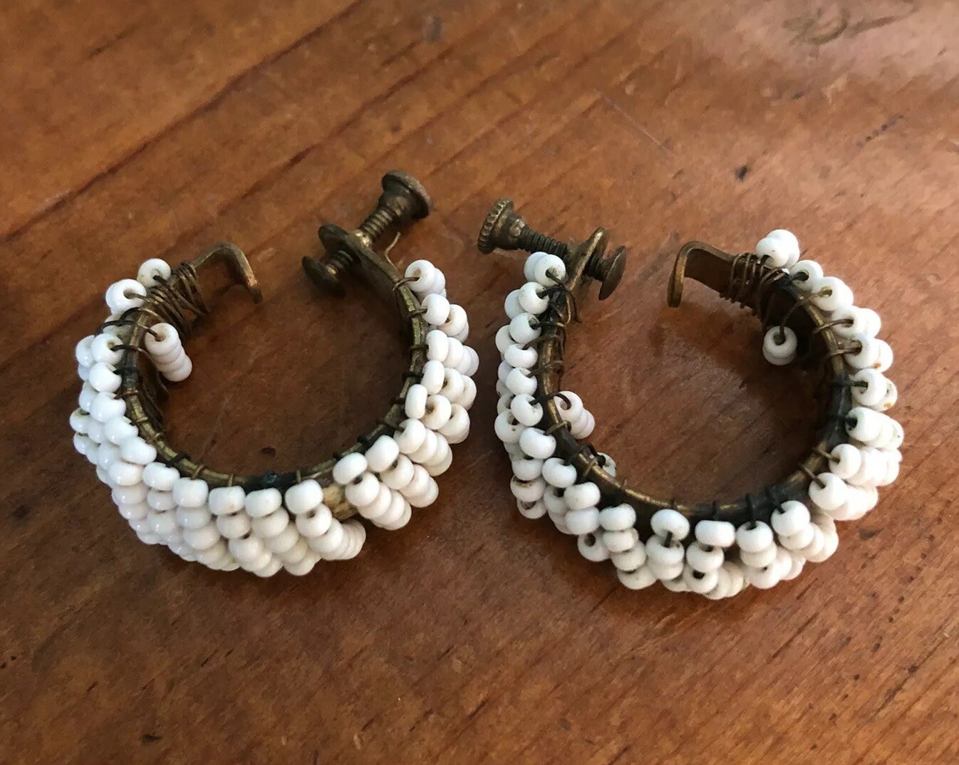 Vintage White Beaded Screwback Hoop Wire Wrapped Earrings