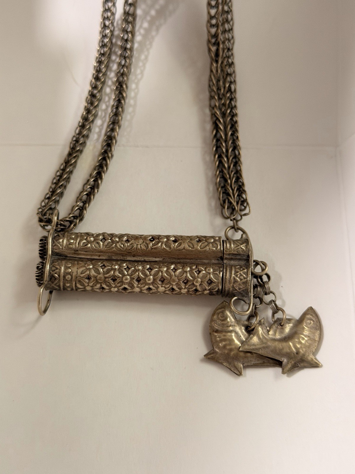 Vintage Tibetan Double Prayer Scroll Tube Necklace Fish Charms Pendant 29g Rare