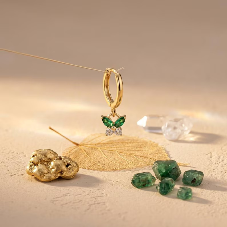 1TCW Marquise Lab Created Emerald & Diamond Hoop Clip-on Earring 14k Gold Plated