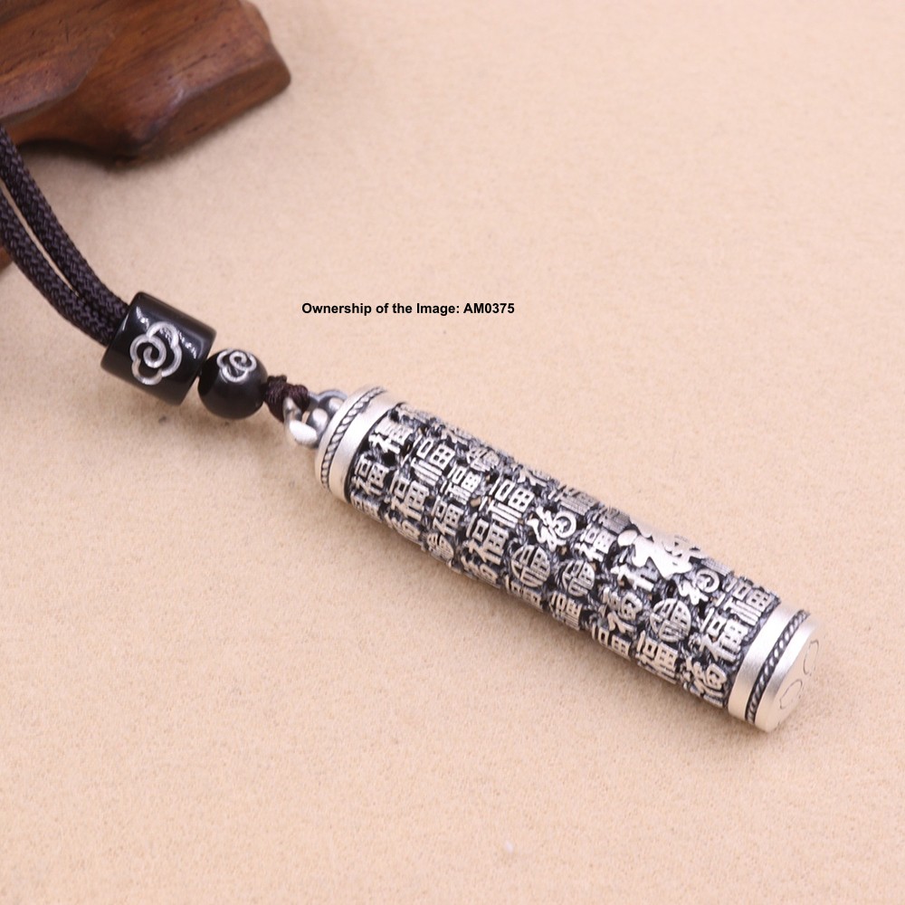 Solid 999 Pure Silver Long Cylindrical Pendant Engraved 福 (Good Fortune) Symbol